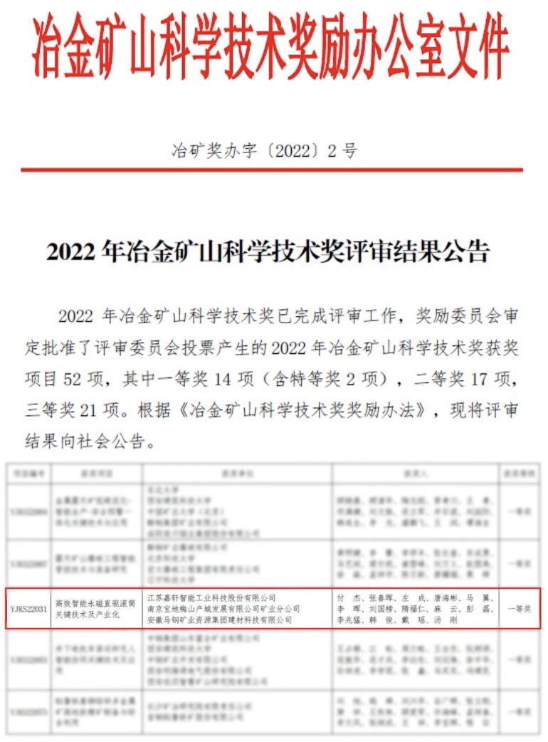 行业最高科学技术奖:嘉轩永磁滚筒斩获冶金矿山科学技术一等奖